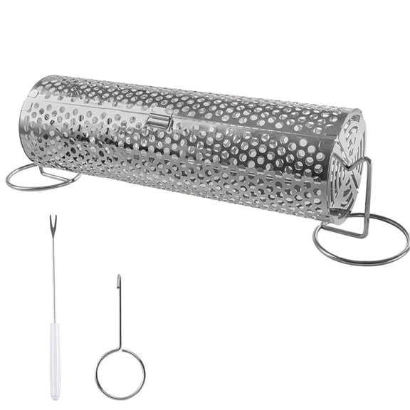 Ogetok Rolling Grill Basket Stainless Steel 360 Rotation BBQ Cage with Hook and Fork for Even Cooking Camping Party Outdoor Grill Accessories 12 Inch