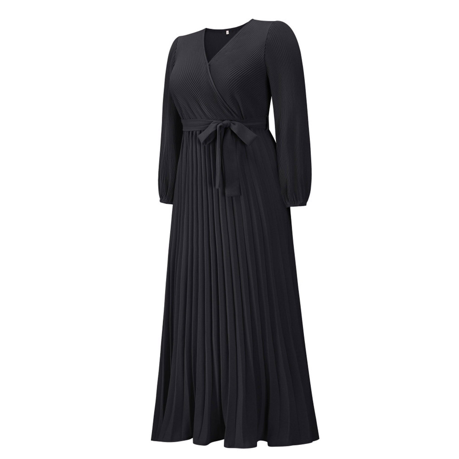 Women's V Neck Pleated A-line Dress 2024 Fall Long Sleeve Casual Swing Maxi Long Dresses for Party Wedding Guest