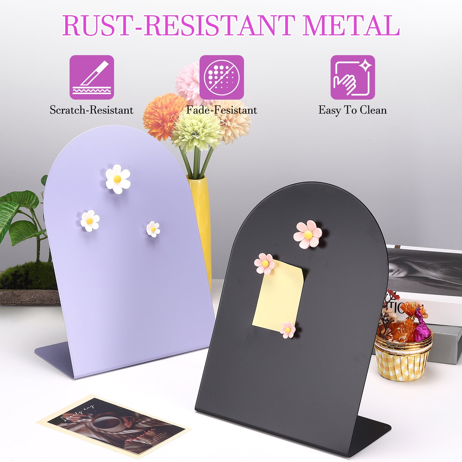 Uxcell 2 Pcs Magnetic Bulletin Board, Memo Magnet Display Stand Board with 6 Flower Magnets for Home Office Kitchen, Black/Pink