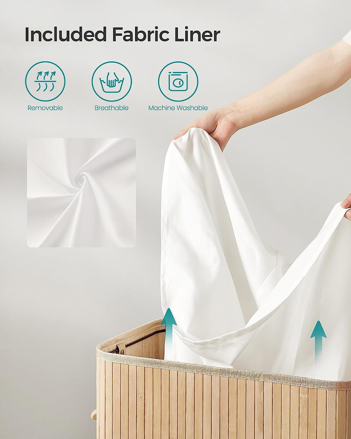100L Laundry Hamper with Lid Bamboo Laundry Basket with Liner Bag Foldable Storage Hamper with Handles Natural