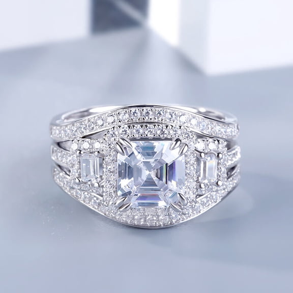 Eclet Jewels 14K White Gold Over Wedding Anniversary Rings - 1.9 Ct Lab Created Diamond Asscher Cut Engagement Rings - Trio Set Bridal Set Rings For Women's - Multi Diamond Bridal Rings for Girls