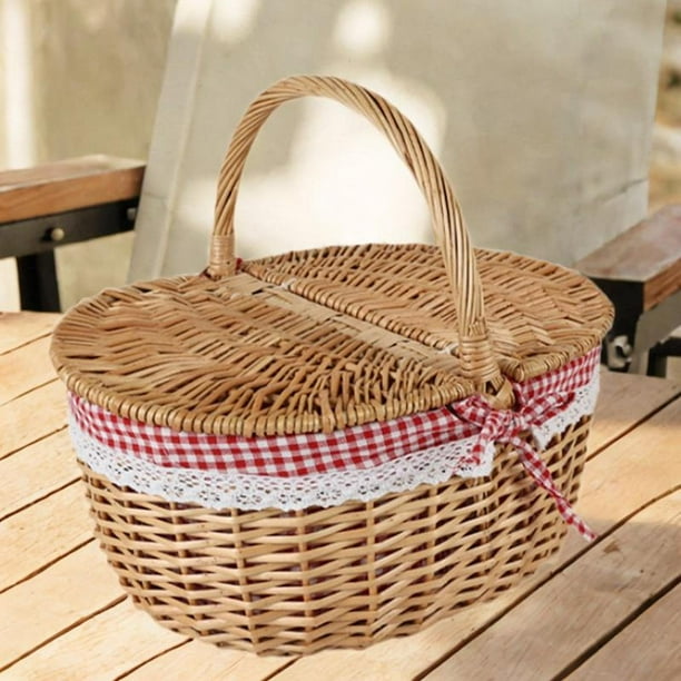 Cesta de mimbre para picnic, cesta tejida de mimbre con tapa y asa, práctica cesta de almacenamiento de mimbre para parque al aire libre, pan para Medio