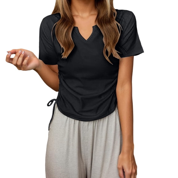 MIXUE Boho Tops For Women Summer Solid Color V Neck Short Sleeve Casual Basic Pullover Shirts For Women Tshirts Activewear,Black,M