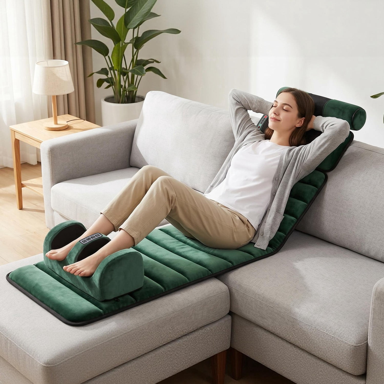 Full Body Electric Massage Mat with Detachable Neck & Foot Kneading Units, Inflatable Lumbar Pillow Heating Function 10 Vibration Points Multi Modes Timer Anti-Slip Base Foldable with Storage Bag