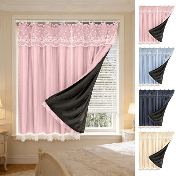 Double Layer Blackout Curtains Thermal Insulated Room Darkening Drapes, No-Drill Rental Friendly Adhesive Window Coverings for Bedroom, Bay Window, Living Room & Home Window Privacy Decor, Blue