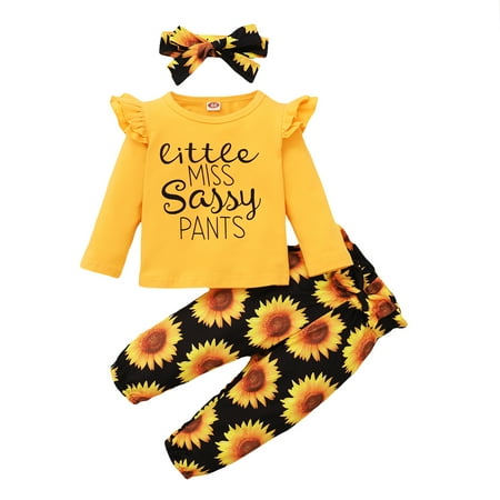 

Toddler Baby Girls Clothes Baby Girl Outfits Long Sleeve Letter Print Top Floral Pants Headband 3PCS Set 18-24 Months Girls Fall Winter Outfits Yellow