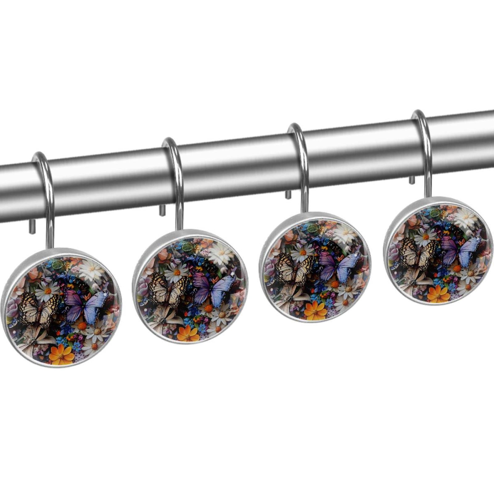 Bright Flowers and Butterfly Shower Curtain Hooks Round Crystal Glass, Set of 12 Shower Curtain Rings - Shower Hooks for Curtain Shower Rings
