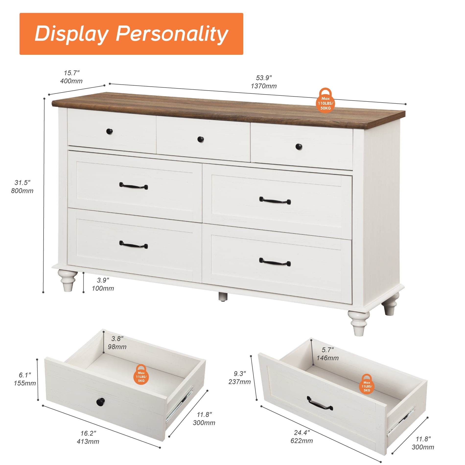 White Dresser with 7 Drawers for Bedroom, Wooden Chest of Drawers for Living Room