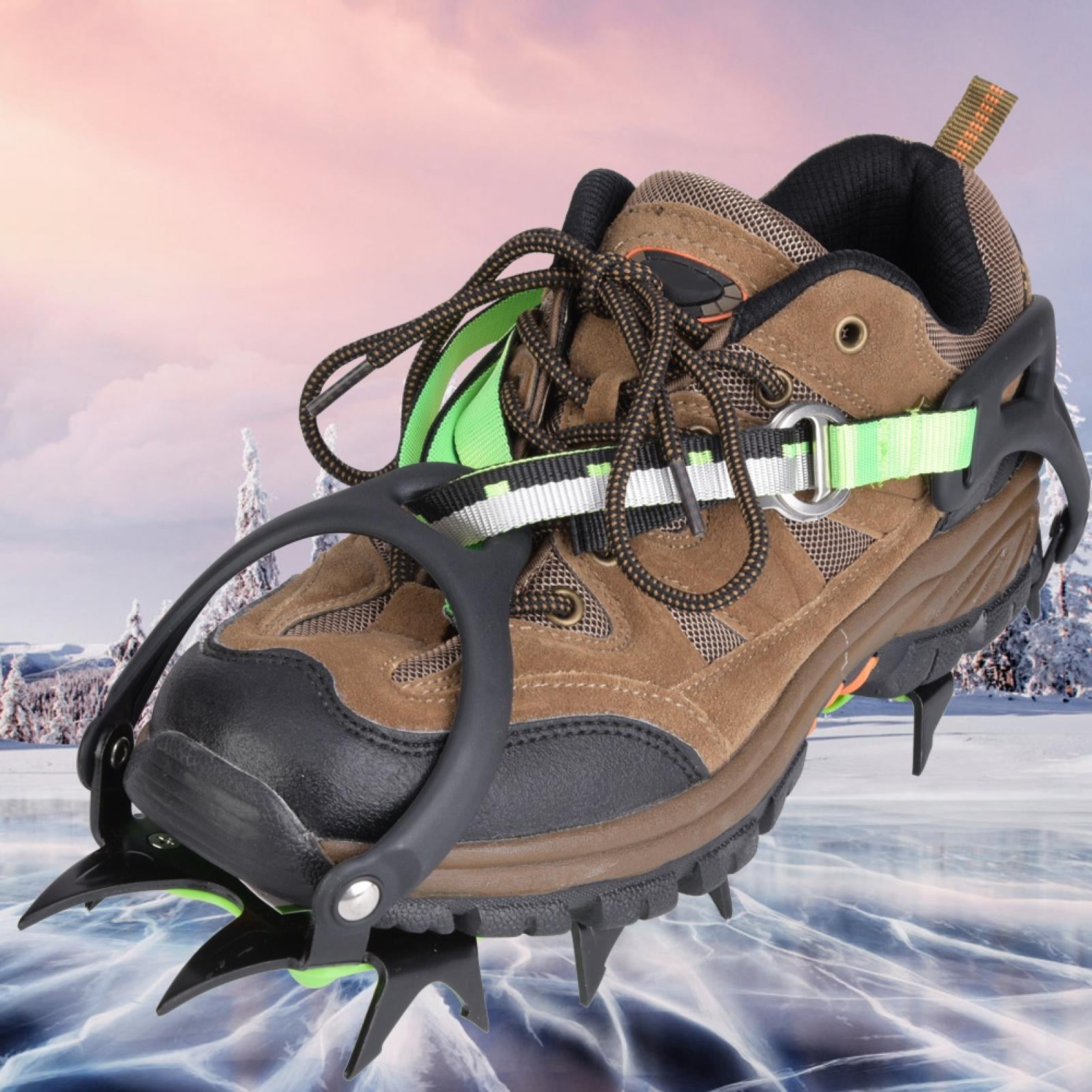 Stickfrease Ice Gripper 14-Teeth Winter Sports Anti-Slip Cleats Shoe Boot Grips Crampon Chain Spike Snow Climbing Equipment 2pcs Black 