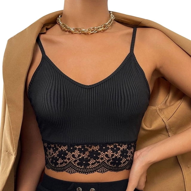 Camisola sin mangas con tirantes finos para mujer, chaleco de punto acanalado con cuello en V, camiseta sin mangas informal negra ajustada con ribete de encaje