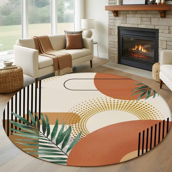 Round Rug 5Ft Washable Non-Slip, Boho Geometric Circle Area Rugs for Living Room Bedroom, Farmhouse Orange Abstract Leaves Stripes Indoor Floor Mats Carpet Runner for Home Decor Aesthetic