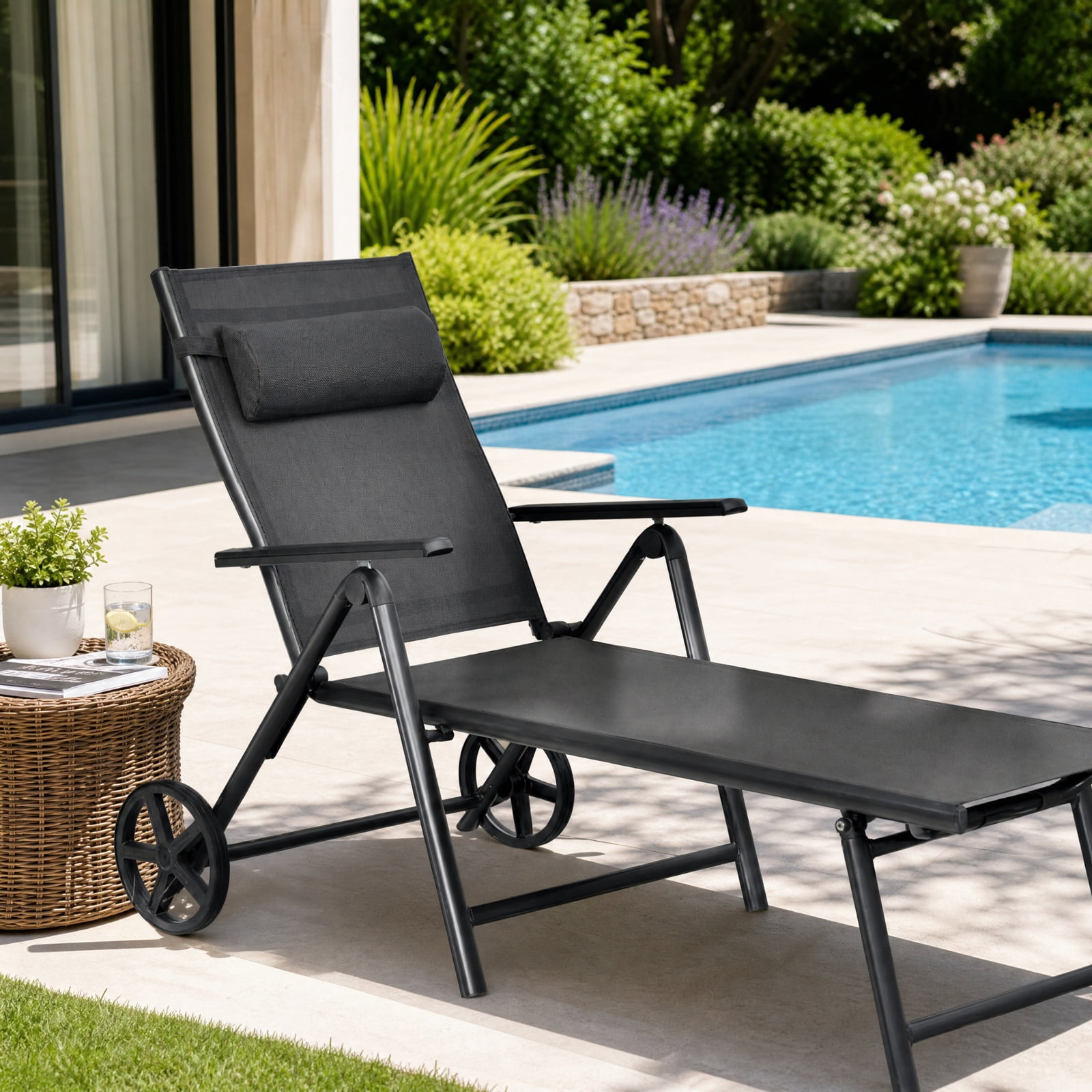 Furnibear Patio Lounge Chair with Wheels Neck Pillow 7 Position Backrest and Rustproof Aluminum Frame for Poolside Backyard and Patio, Gray