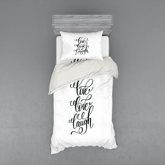 Live Laugh Love Duvet Cover Set, Hand Lettering Style Motivational Live Laugh Love Words Monochrome Design, Bedding Set with Shams and Fitted Sheet, 3 Sizes, by Ambesonne