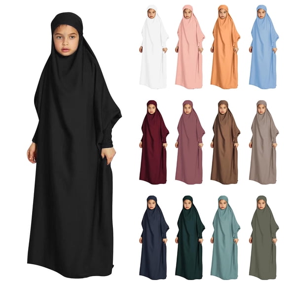 XUNKUSGA Muslim Girl Dress 6-13Y Classic Full Cover One-Piece Abaya for Kids Loose Batwing Sleeve Islam Dubai Modest Robe Lightweight Comfortable Maxi Dress,Red
