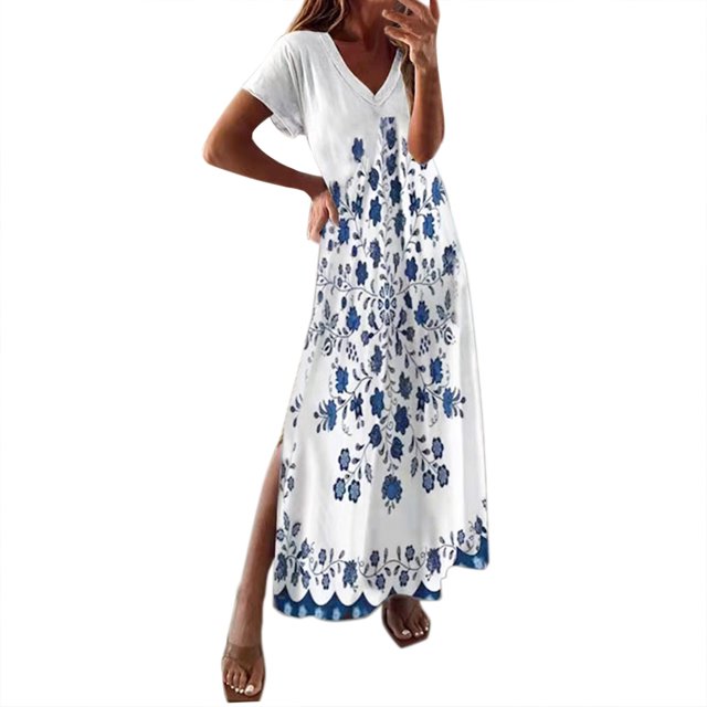 GDREDA Ladies Spring Summer Loose Casual Floral Ink Print Slit Short Sleeves Long Dress Backless Long Sleeve Dress