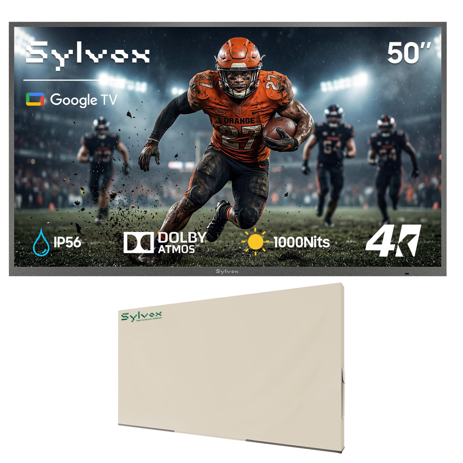 SYLVOX 50" Outdoor TV With Cover, 4K UHD Google Television for Partial Sun Outside with 1000nit Brightness, IP55 Weatherproof, Dolby Atmos, Voice Remote (Deck Pro 3.0)