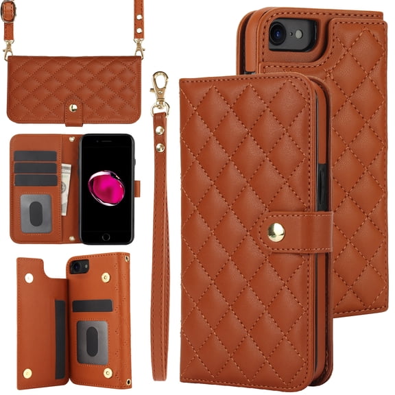 for iPhone 7 / 8 / SE 2022 & 2020 Wallet Case with Lanyard   Crossbody Strap, Elegant PU Leather Kickstand Anti-drop Case with 5 Card Slots   1 Cash Pocket for iPhone 7 / 8 / SE 2022 & 2020, Brown