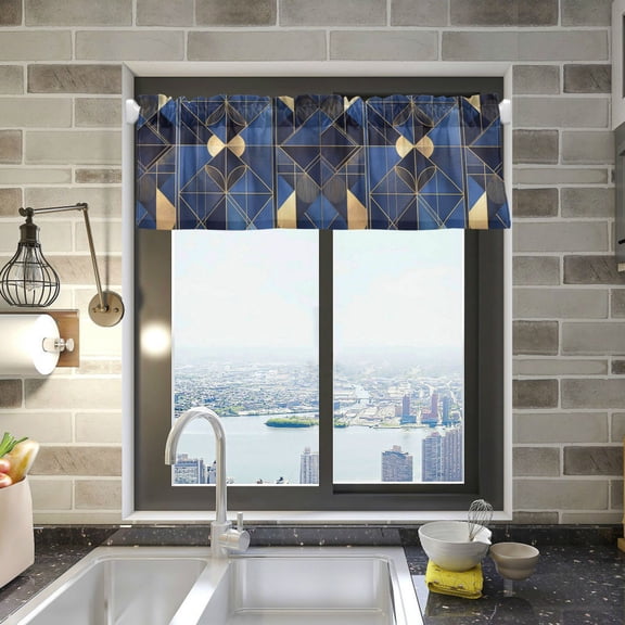Yayeee Kitchen Valance Rod Pocket 54" x 18" Living Room Window Curtain, Blue Geometric Pattern