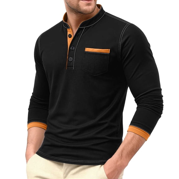 TOUMENY Men's Long Sleeve Shirts Casual Stand Collar Button Down Slim Fit Solid Knit Tops Business Work Soft Comfy Tee Black L