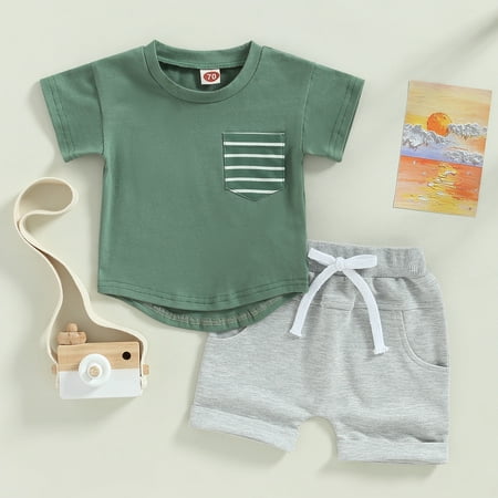 

Lamuusaa 2Pcs Baby Boys Shorts Set Short Sleeve Crew Neck Stripes T-shirt with Elastic Waist Shorts Summer Outfit Clothing