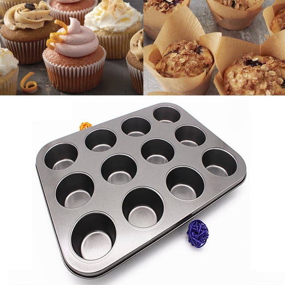 12-Cup Carbon Steel Muffin & Cupcake Baking Pan - Non-Stick Coating, Dishwasher & Microwave Safe, Durable Bakeware for Home Baking, Gray, 7.07*9.43in/18*24cm