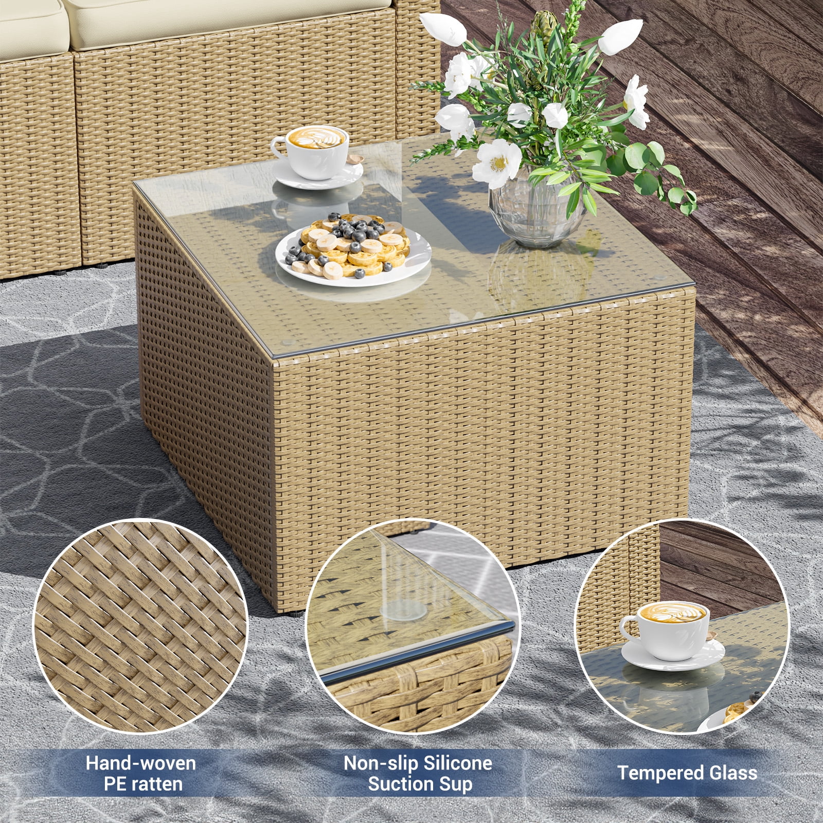 ELPOSUN 5-Piece Patio Furniture Conversation Set, All-Weather Wicker Outdoor Sectional Sofa Set with Table & Cushions, Beige