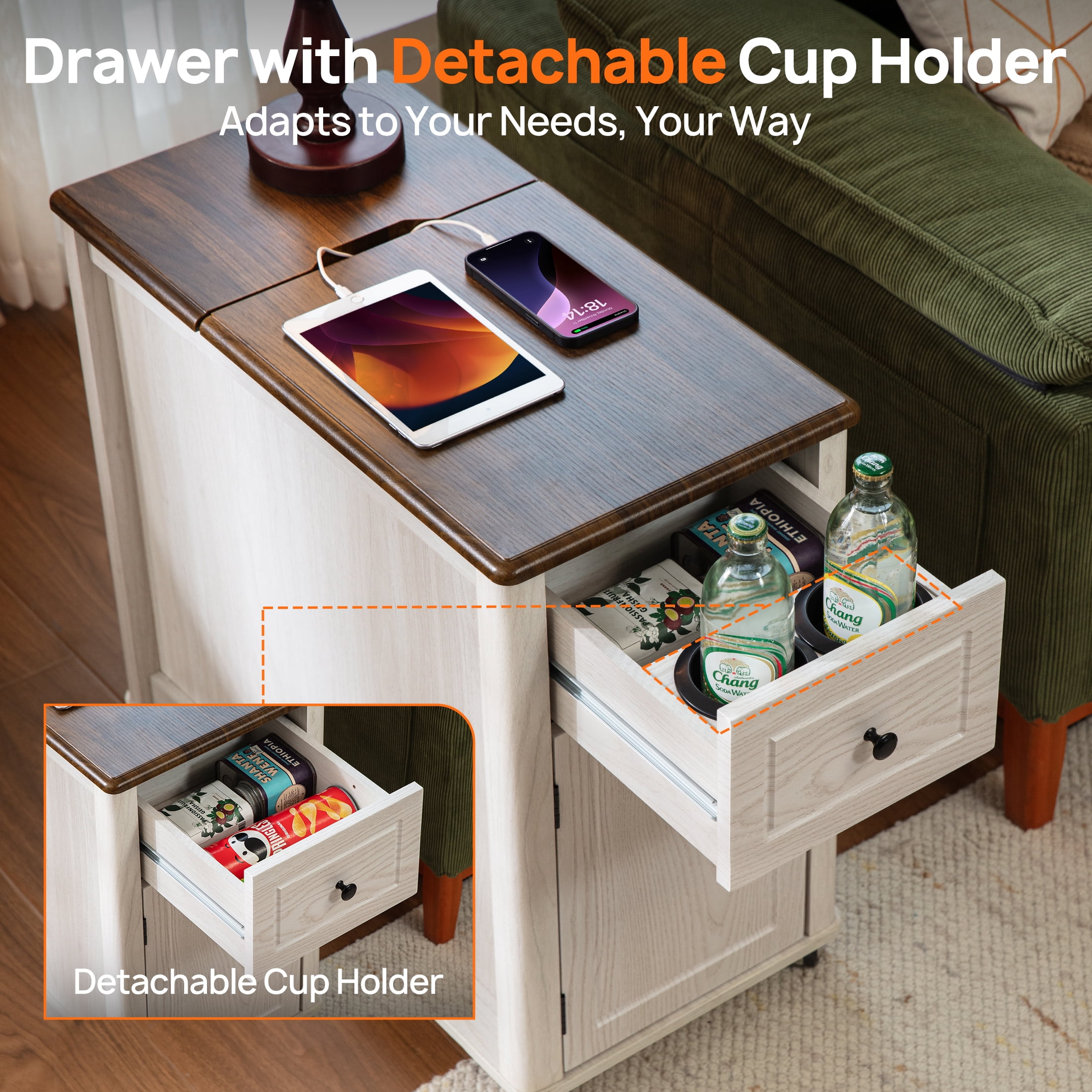 CHIC HOUSE End Tables for Living Room with Charging Station Wheels, Farmhouse Nightstand for Bedroom with Drawer Storage, Wheeled Narrow Side Tables Accent Tables, Small Tables for Small Space, Oak