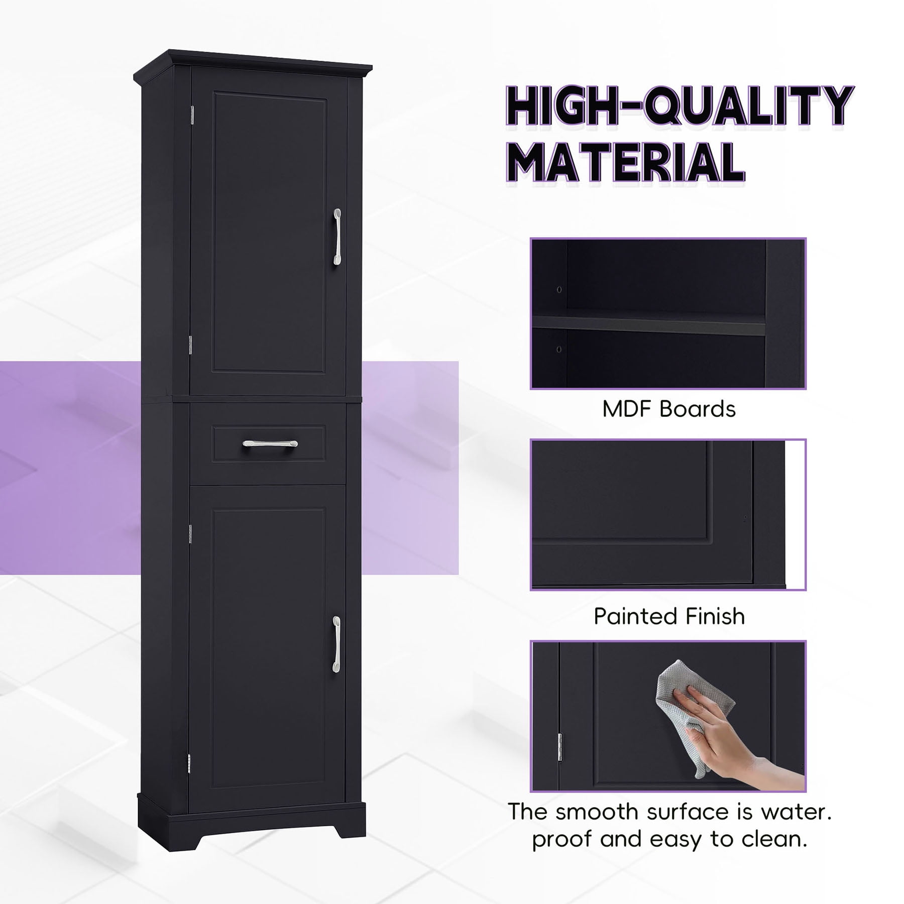 S-HOME Freestanding Black Bathroom Storage Cabinet Featuring Adjustable Shelves, Two Doors and Modern Handle Design for Easy Use