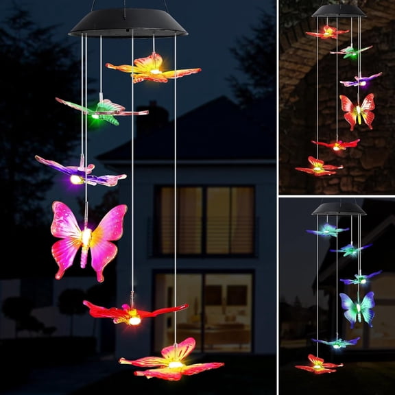 Solar Butterfly Wind Chimes, Color Changing LED Outdoor Wind Chime Lights, Waterproof Solar Powered Hanging Decorative Lights for Patio Garden Yard Home, Memorial Gifts for Mom Grandma