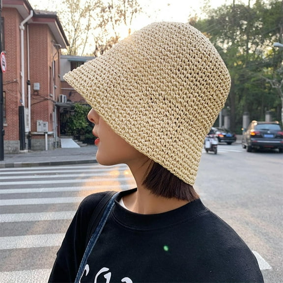 Lroveb Bucket Hats for Women Woven Hat Small Fresh Beach Sunshade Womens Brimmed Fisherman Hat