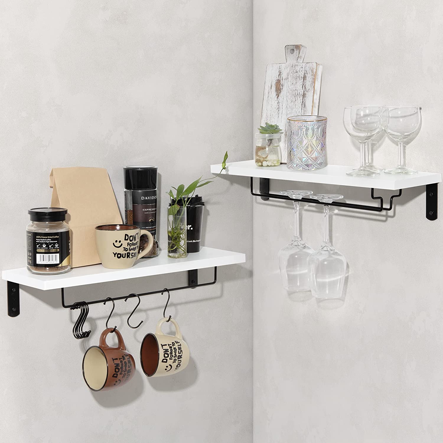 Afuly Wine Rack Wall with Glass Holder, 20 inch Long White Floating Bar