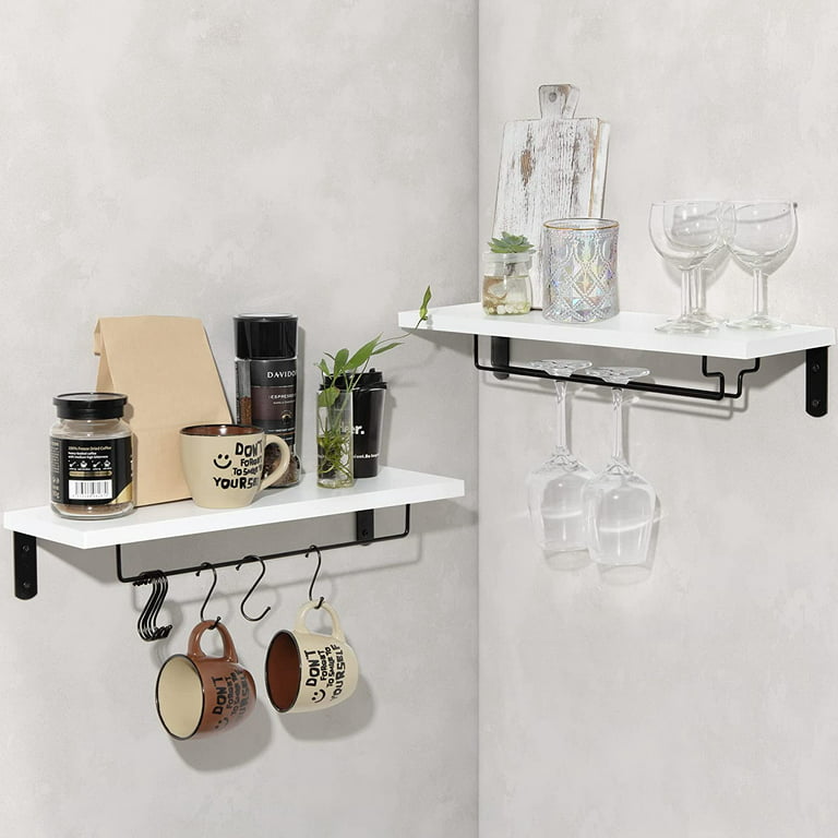 Afuly Coffee Bar Shelf, 20in Wall Mounted Shelves for Coffee Cups Mugs Wine  Glass, Floating Shelves for Coffee Station with 8 Hooks, Coffee Cup Shelf