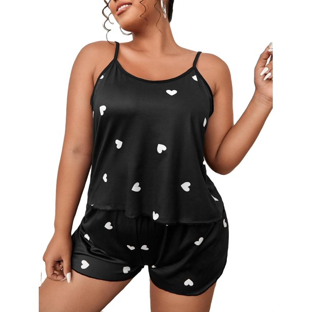 Womens Plus Pajama Sets Heart Print Short Sets Sleepwear PJ Set Black
