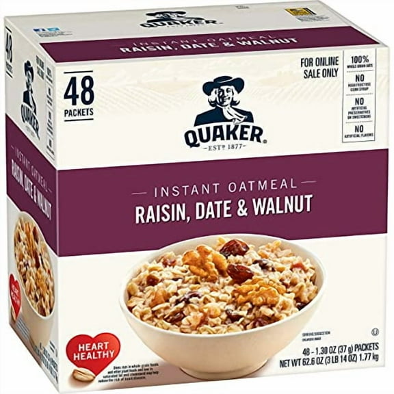 Quaker Instant Oatmeal, Raisin, Date and Walnut, Individual Packets, 1.30 Ounce (Pack of 48)