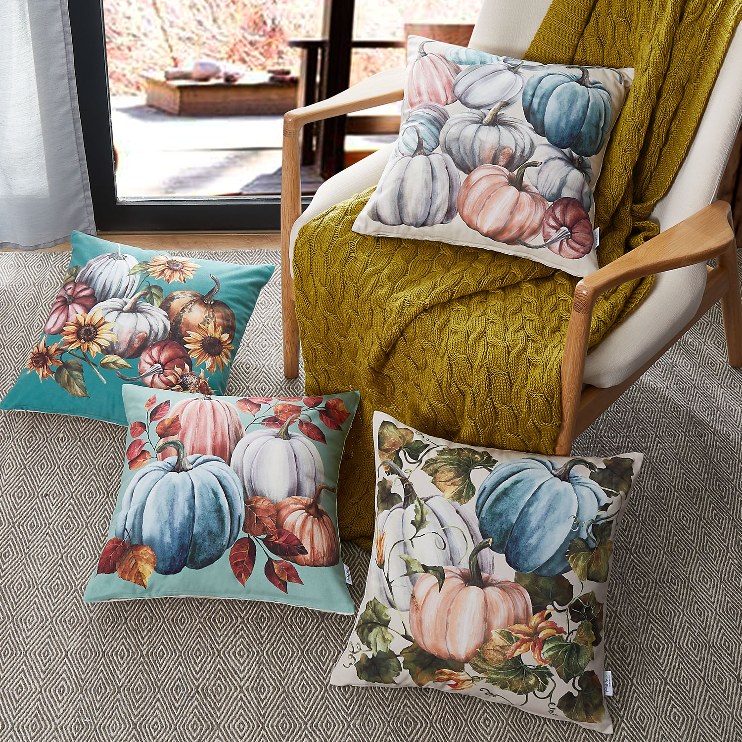 Autumn Series Printed Decorative Throw Pillow Covers for Thanksgiving, Pumpkin and Turkey, 18" x 18", Set of 4