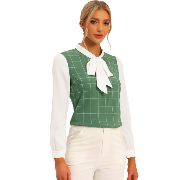 Blusa A Cuadros De Manga Larga Con Cuello De Pajarita Para Mujer Verde Claro XS