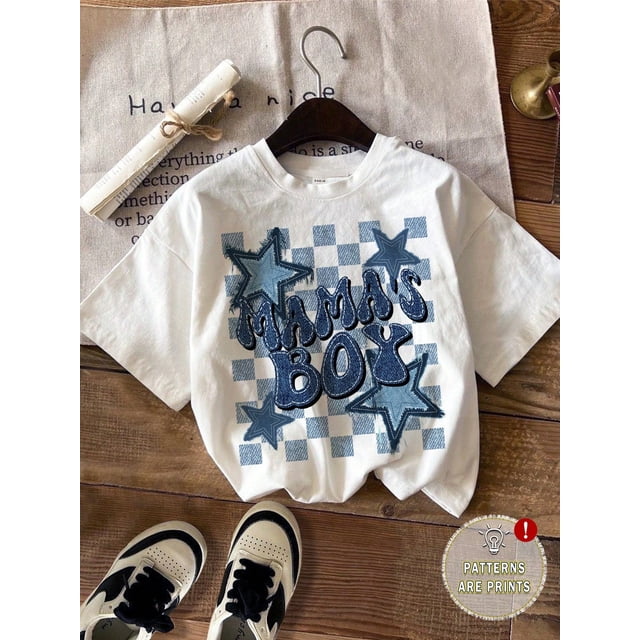 Young Boy Casual Simple Five-Pointed Star Graphic Short Sleeve Round Neck T-Shirt, Suitable For Summer