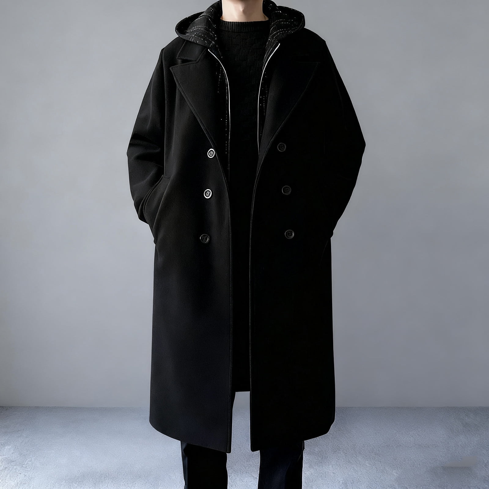 successthop Wool Blend Coat Men Fake Two Pieces Hooded Jackets