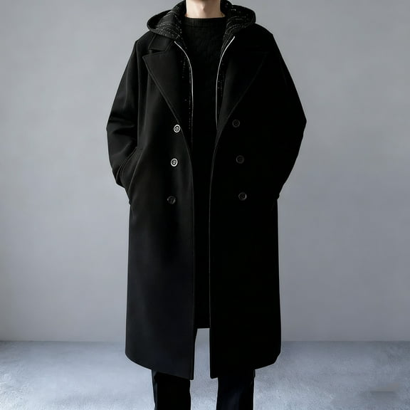 Wool Blend Jackets for Men Long Trench Coats Full Zipper Hooded Overcoats with Pockets