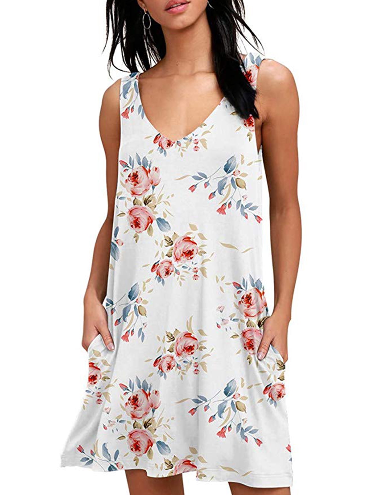 Women Summer Casual Sleeveless Pleated Tank Dress Flower Print Loose Swing Midi T Shirt Dress Floral Beach Sundresses 