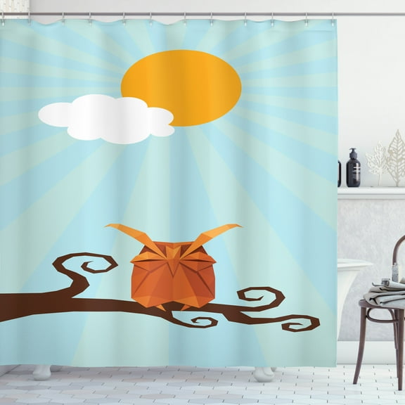 Owl Print Shower Curtain, Artistic Cute Sleepy Bird on Swirling Branch at Sunny Day on Pastel Sunburst, Fabric Bathroom Set with Hooks, 69W X 75L Inches Long, Multicolor, by Ambesonne