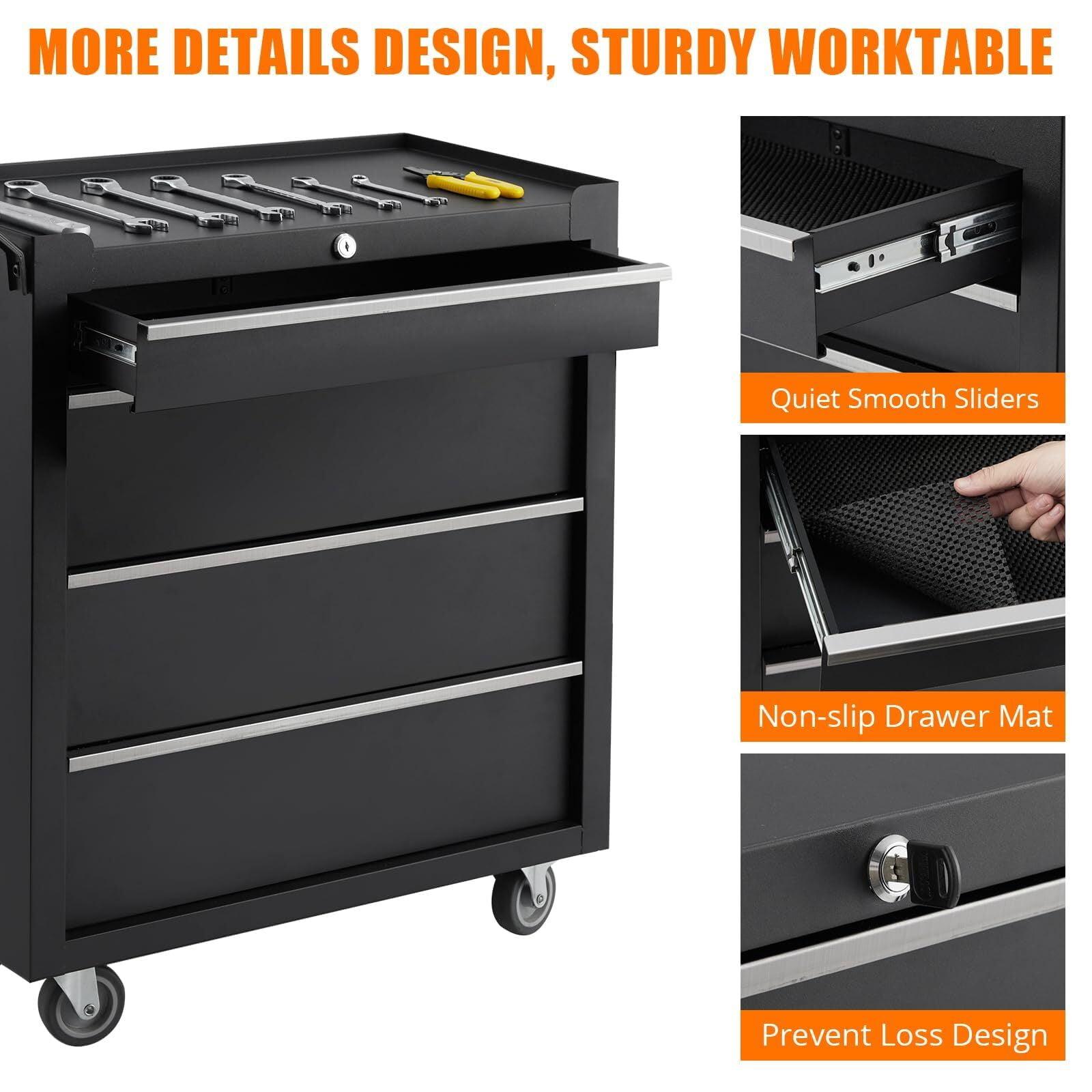 Garvee Metal Tool Box, Portable Tool Chest with Wheels and 4 Drawers for Garage, Workshop, Black