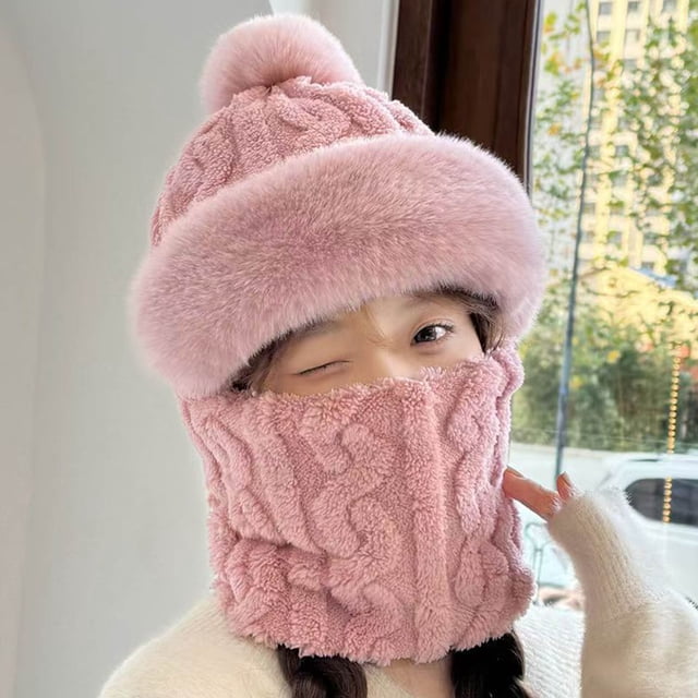 RXIRUCGD Womens Solid Color Plush Thick Scarf Mask With Integrated Ear Protection Thick And Warm Headband Cap( Pink )