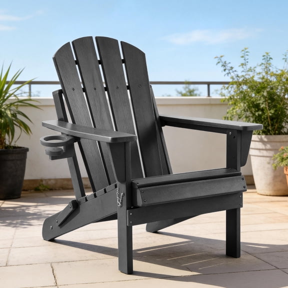 Furniliving Folding Adirondack Chair with Cup Holder – HDPE Weather Resistant Outdoor Patio Chair, Black