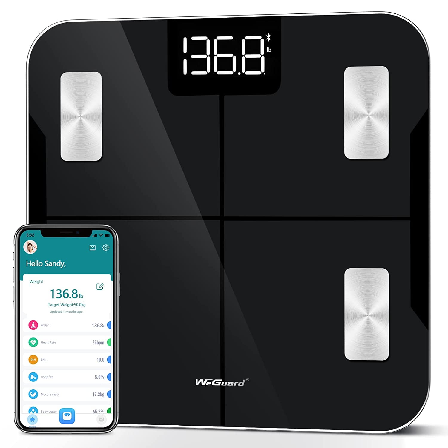 Scales for Body Weight, WeGuard Digital Bathroom Wireless Fat Smart BMI Body Composition Analyzer Health Monitor Sync 15 Data with Other Fitness Apps (Black)