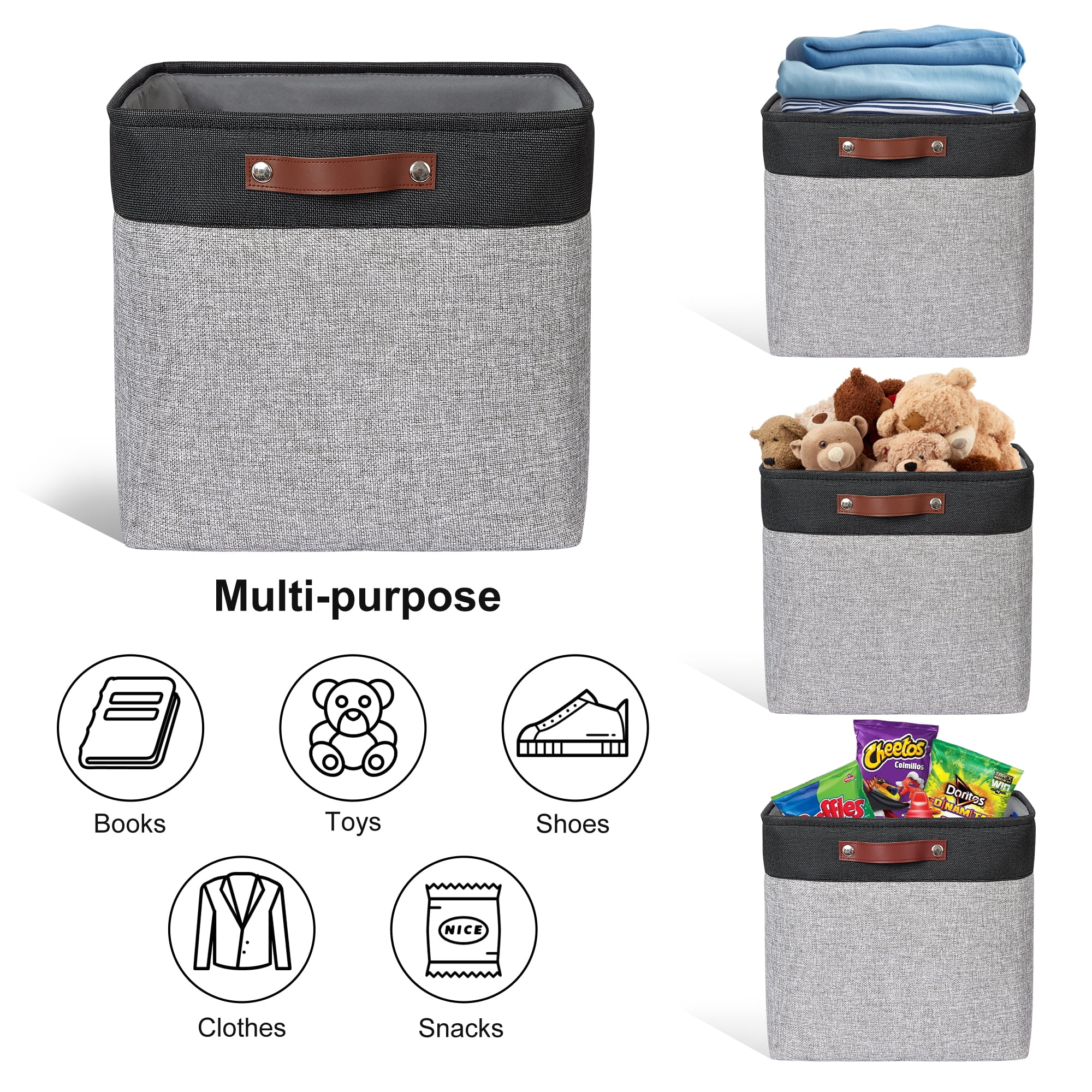 Tegance 13x13 Storage Cubes Baskets 4 Pack Fabric Cube Storage Bins Large Storage Baskets with Leather Handles,Decorative Storage Boxes for Organizing Shelves(BlackGrey)