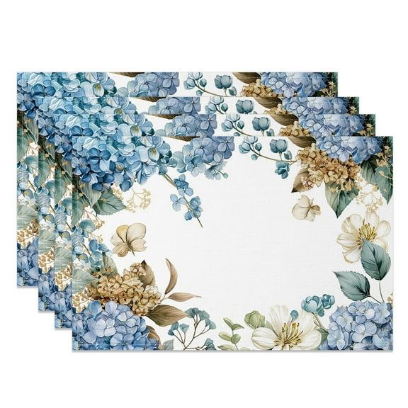 SUNOLIFE Blue Hydrangeas Placemats Set of 4,Spring Florals Table Place Mats 12x18 inch