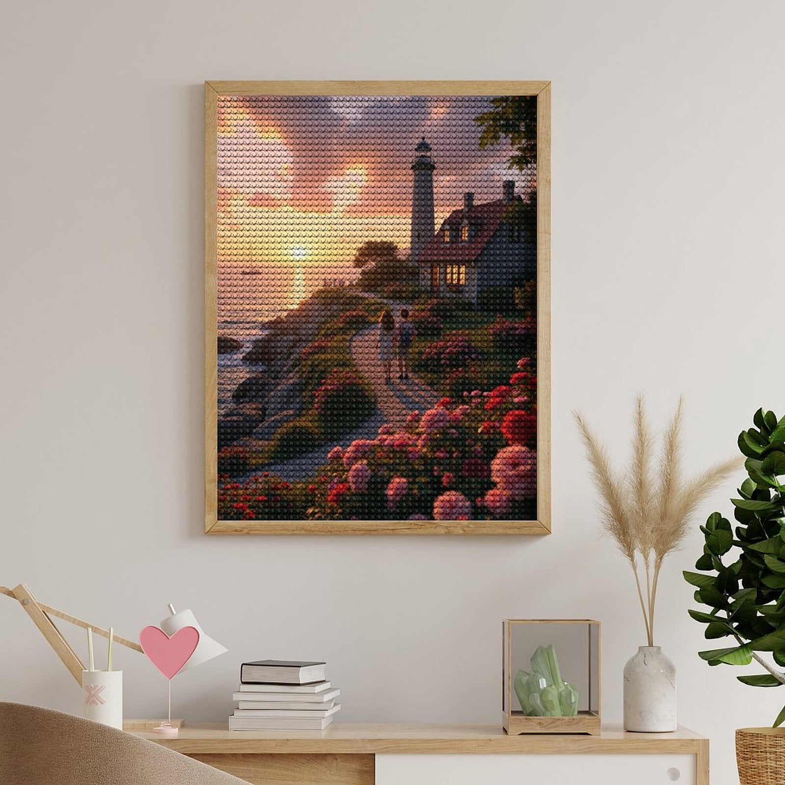 Diamond Art Kits for Adults - Sunset Lighthouse Coastal Path Roses 5d Diamond Painting for Adults, Diamond Art for Adults Beginners, Frameless Diamond Painting Kits for Adults for Home Wall Decor