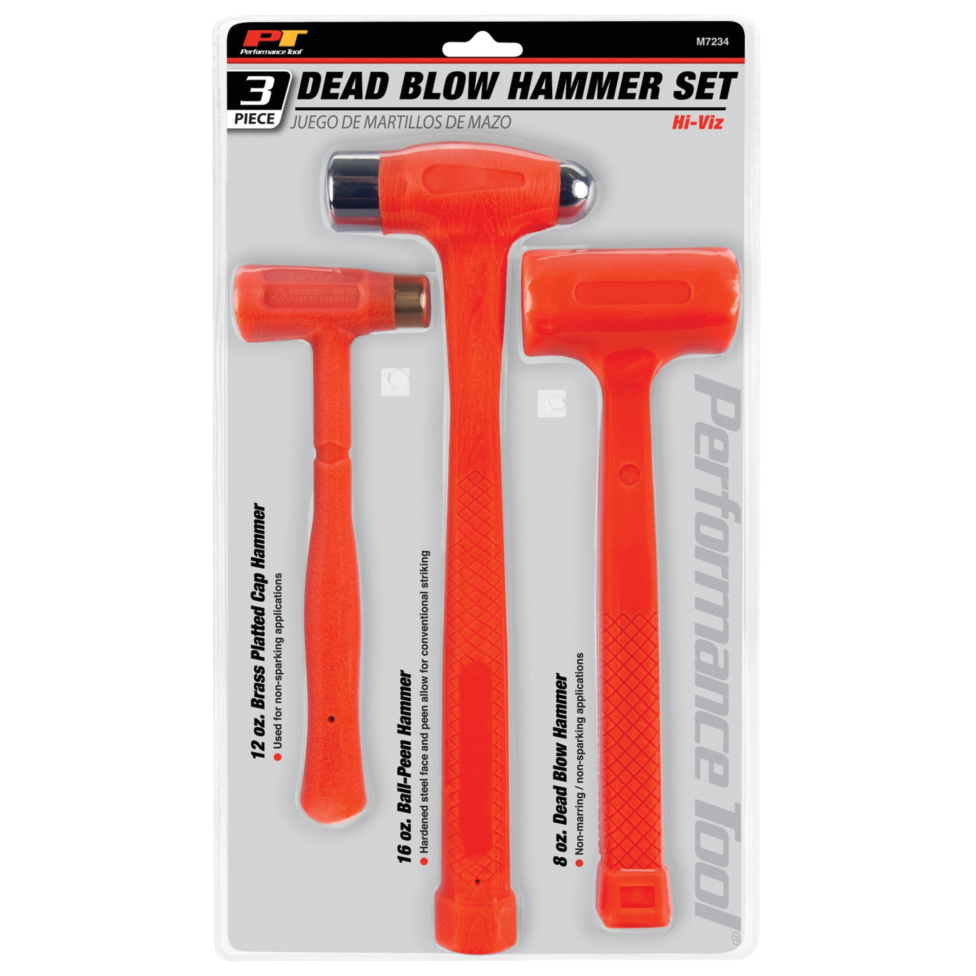 Performance Tool M7234 Dead Blow Hammer Set with Brass Cap, Ball-Peen, and Dead Blow Hammers and Urethane Coating, Orange (3-Piece)