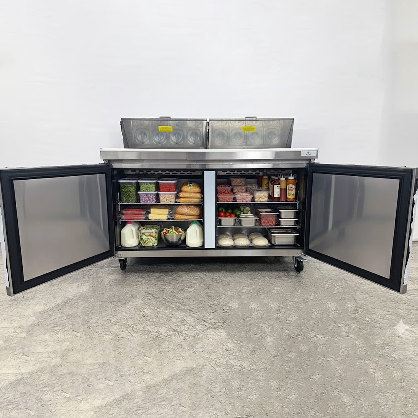 60 in. 2 Door Refrigerator Sandwich & Salad Prep Table 17 Cu.Ft. Commercial Mega Top Refrigerator, NSF